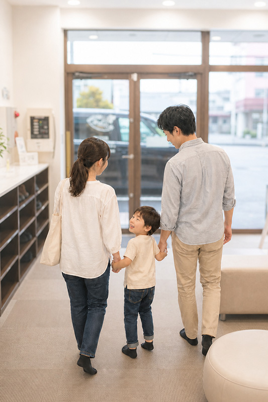 受付カウンターのお姉さんに手を振る子どもと家族の画像。お姉さんは笑顔で振り返す