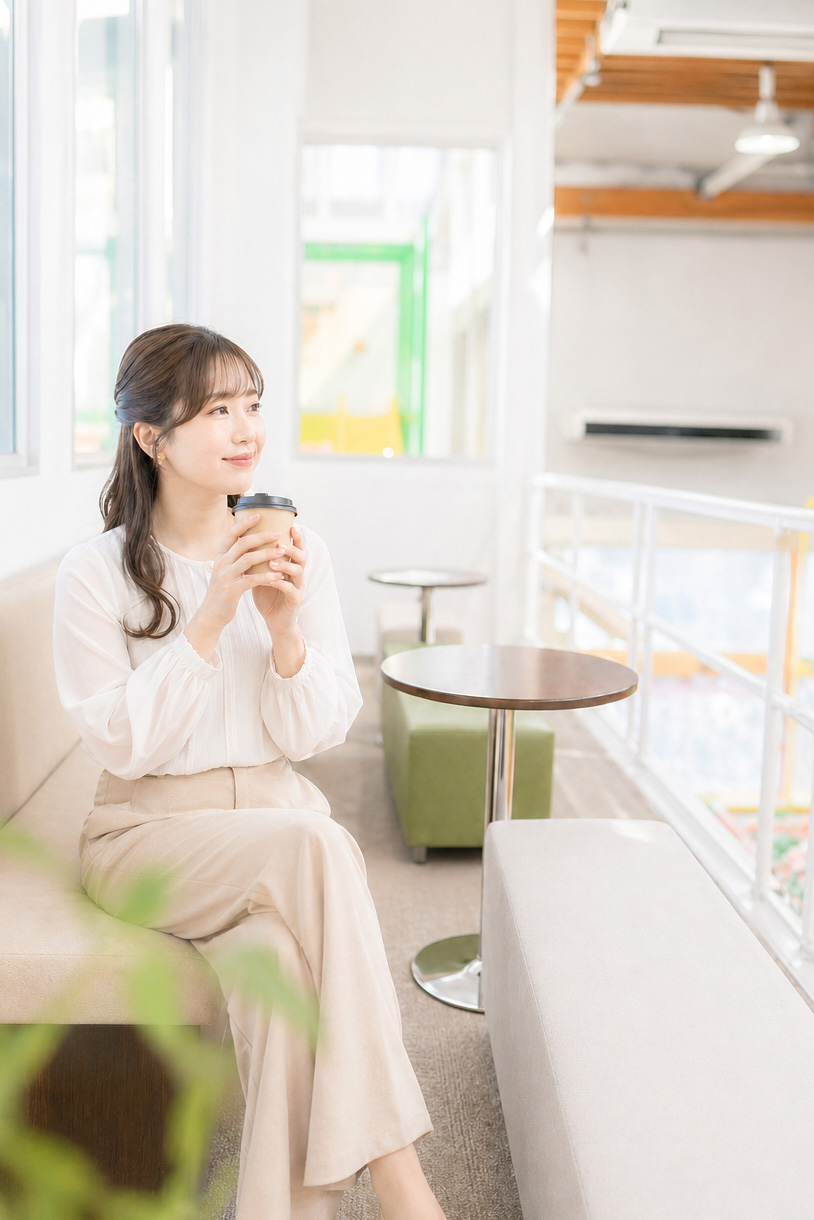 お母さんが優雅にコーヒーを飲む画像（こどもをひざに乗せているのがわからないくらい寄せで撮って。とにかくおしゃれに）