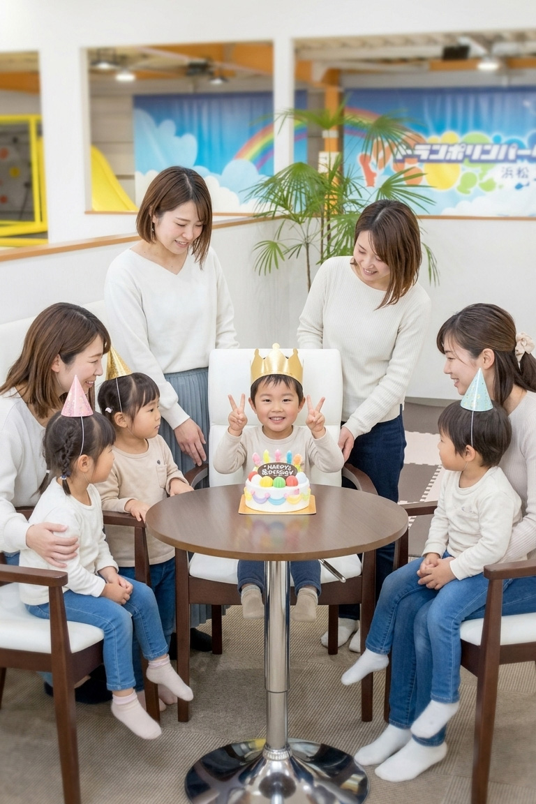 子どもが王冠をかぶってピースしている画像。手前のテーブルにはケーキ。まわりを囲むのは、お母さんぽい人3人、こども4人